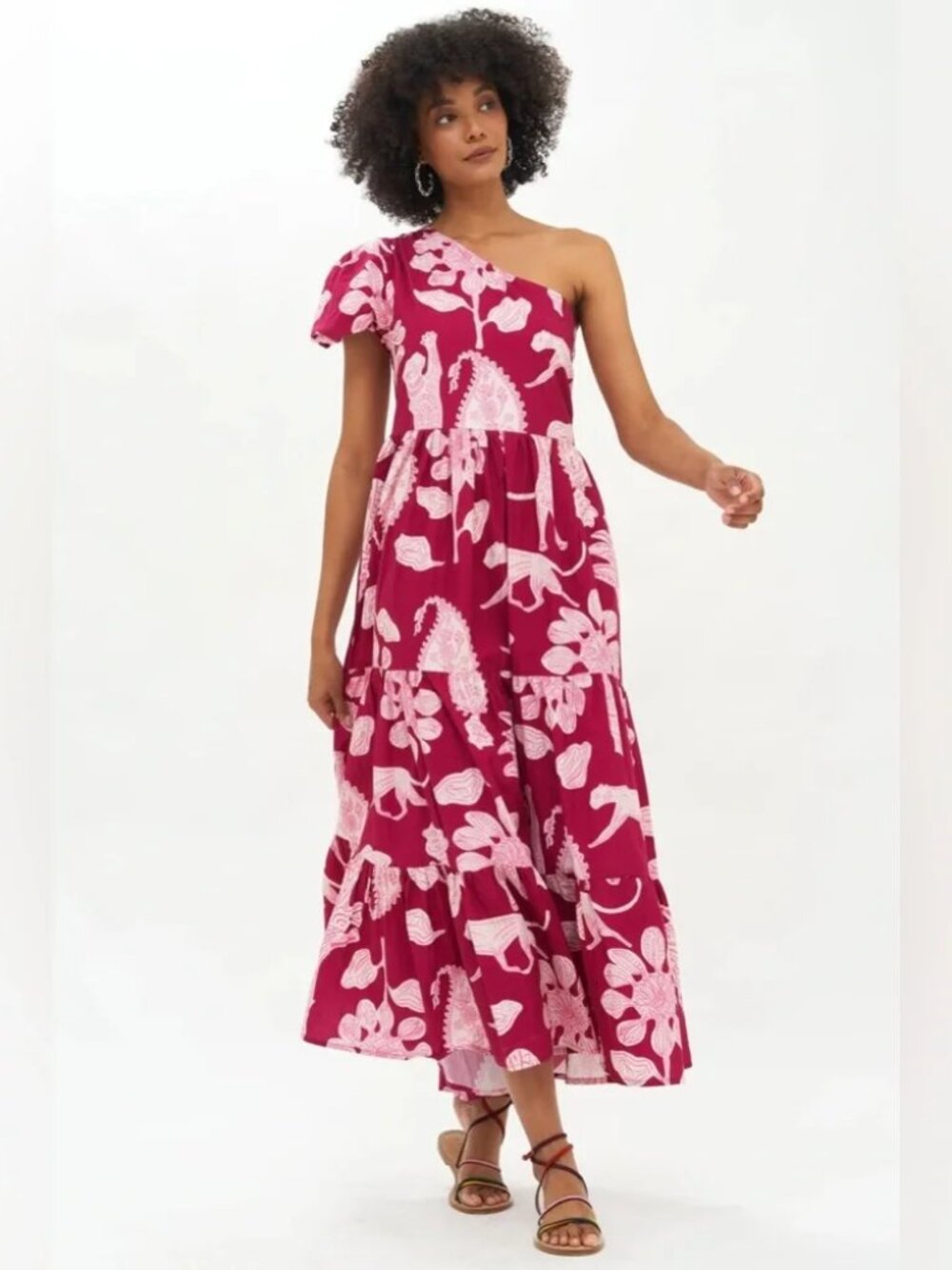 Oliphant Lamu One Shoulder Cotton Poplin Maxi Dress Magenta Pink Pockets M - Picture 2 of 6